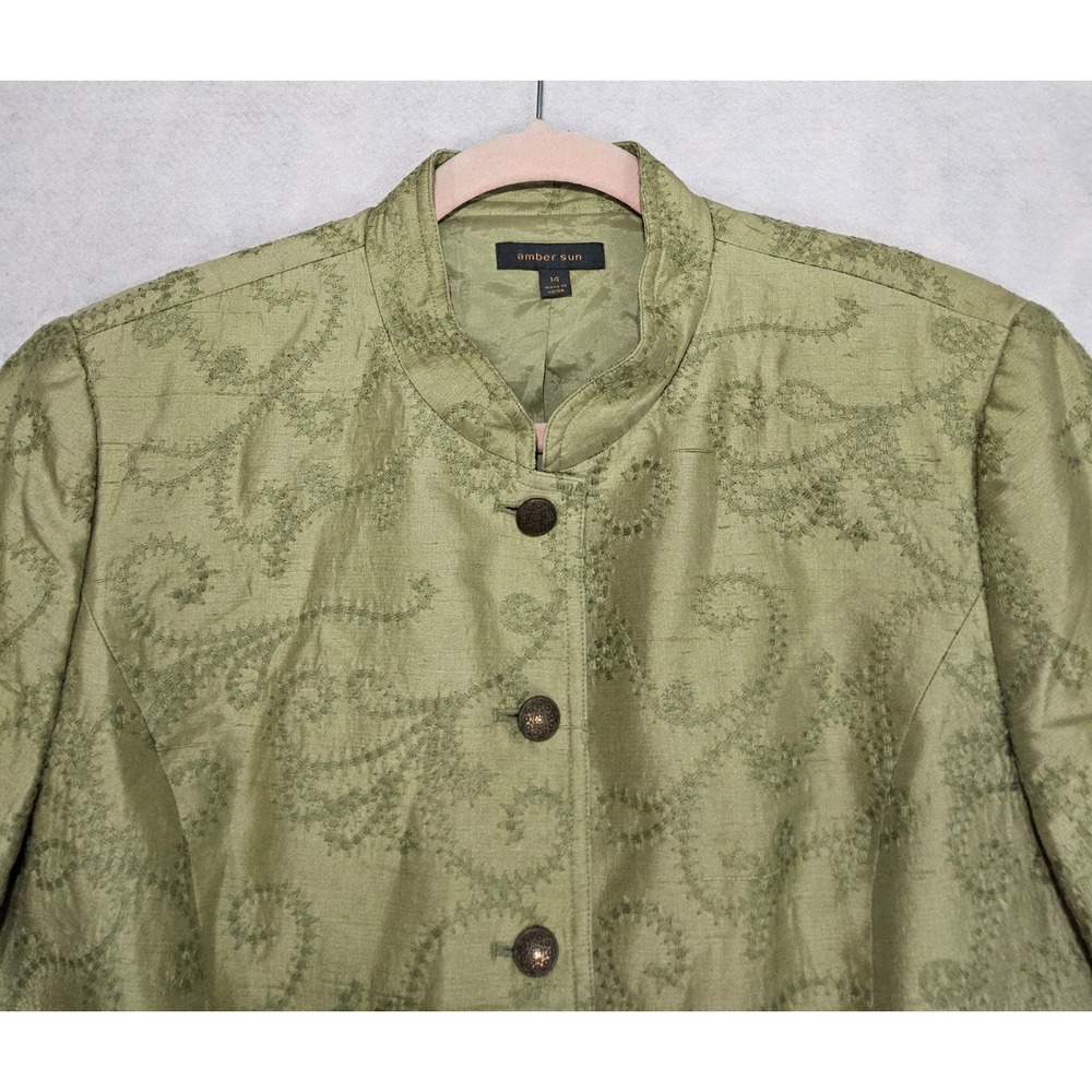 Raw‎ Silk Blazer Jacket Womens L 14 Embroidered Mandarin Collar Green Kaurta